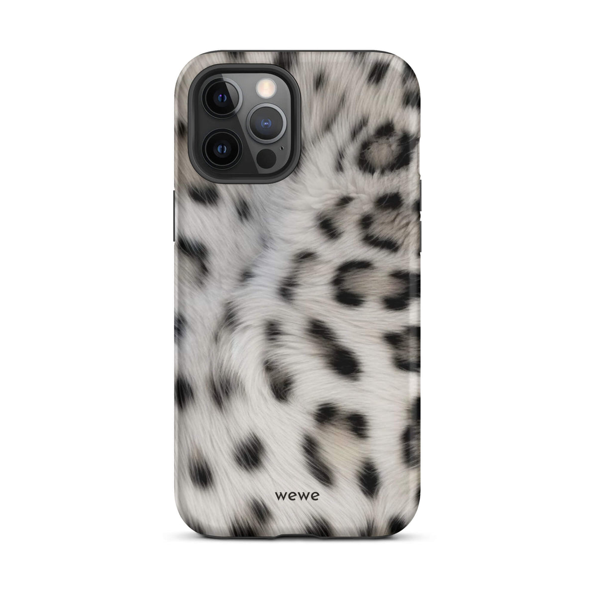 Soft-white iPhone case with black and charcoal snow-leopard spots in a flowing fur-effect pattern
