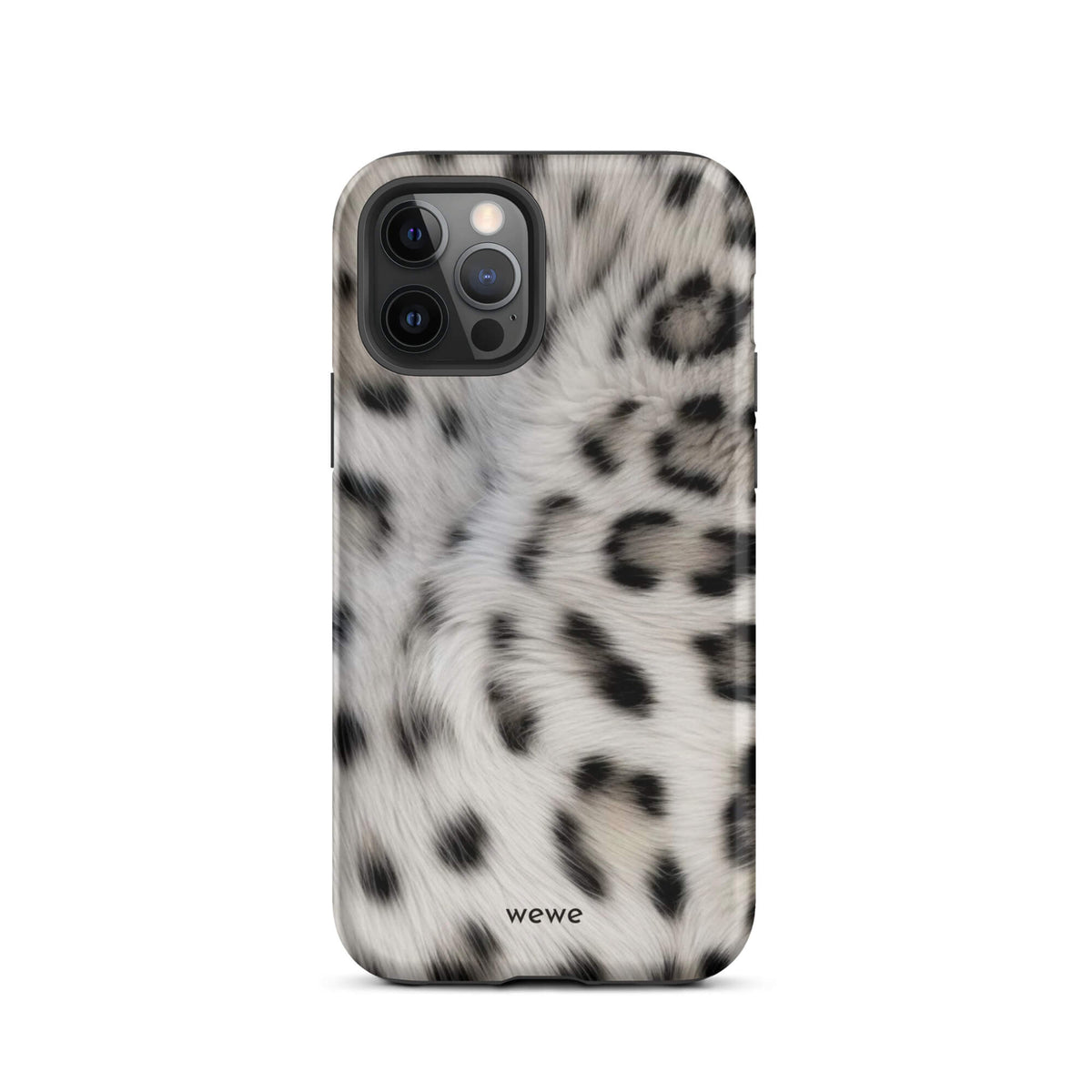 Soft-white iPhone case with black and charcoal snow-leopard spots in a flowing fur-effect pattern
