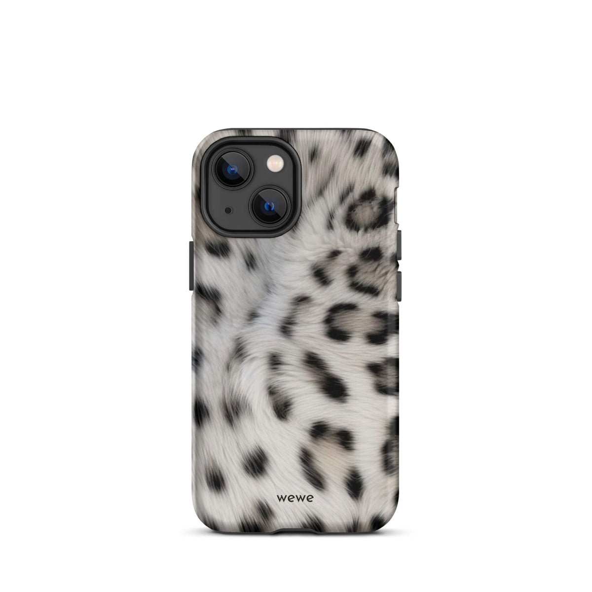 Soft-white iPhone case with black and charcoal snow-leopard spots in a flowing fur-effect pattern