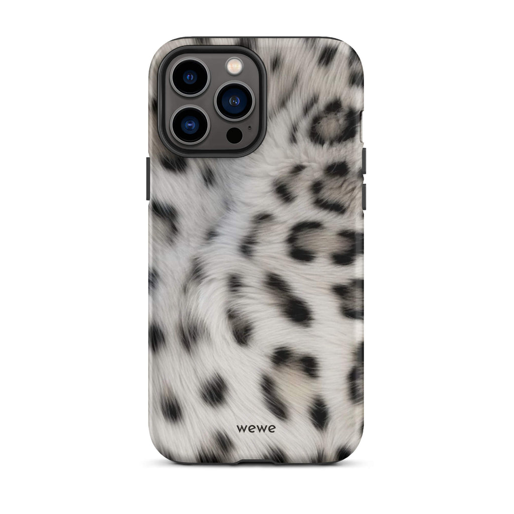 Soft-white iPhone case with black and charcoal snow-leopard spots in a flowing fur-effect pattern