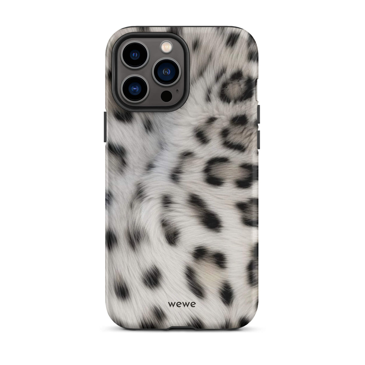 Soft-white iPhone case with black and charcoal snow-leopard spots in a flowing fur-effect pattern