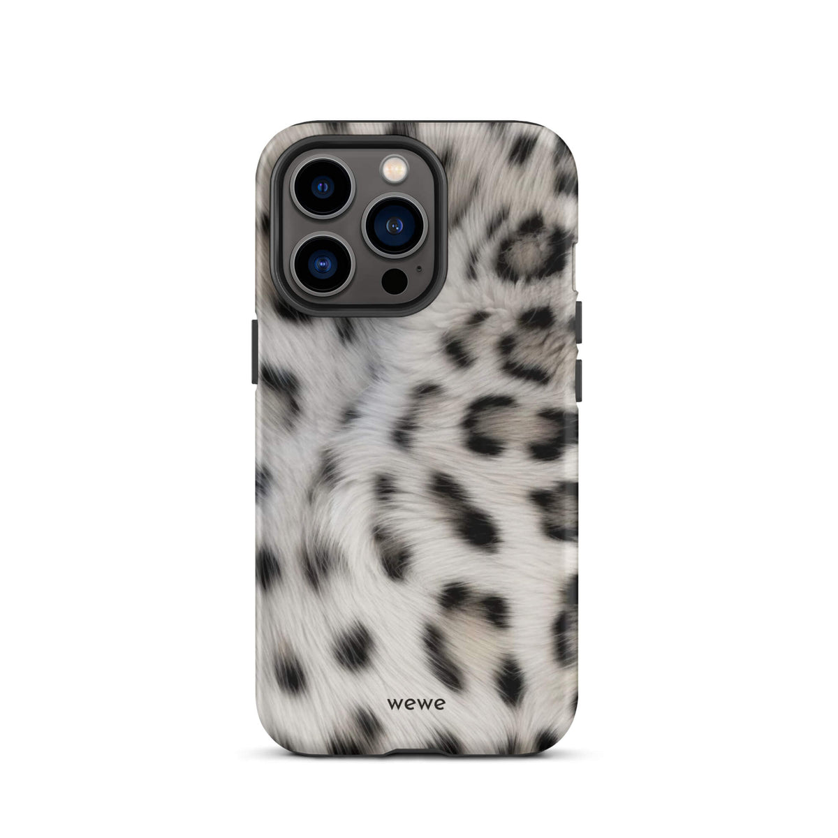 Soft-white iPhone case with black and charcoal snow-leopard spots in a flowing fur-effect pattern