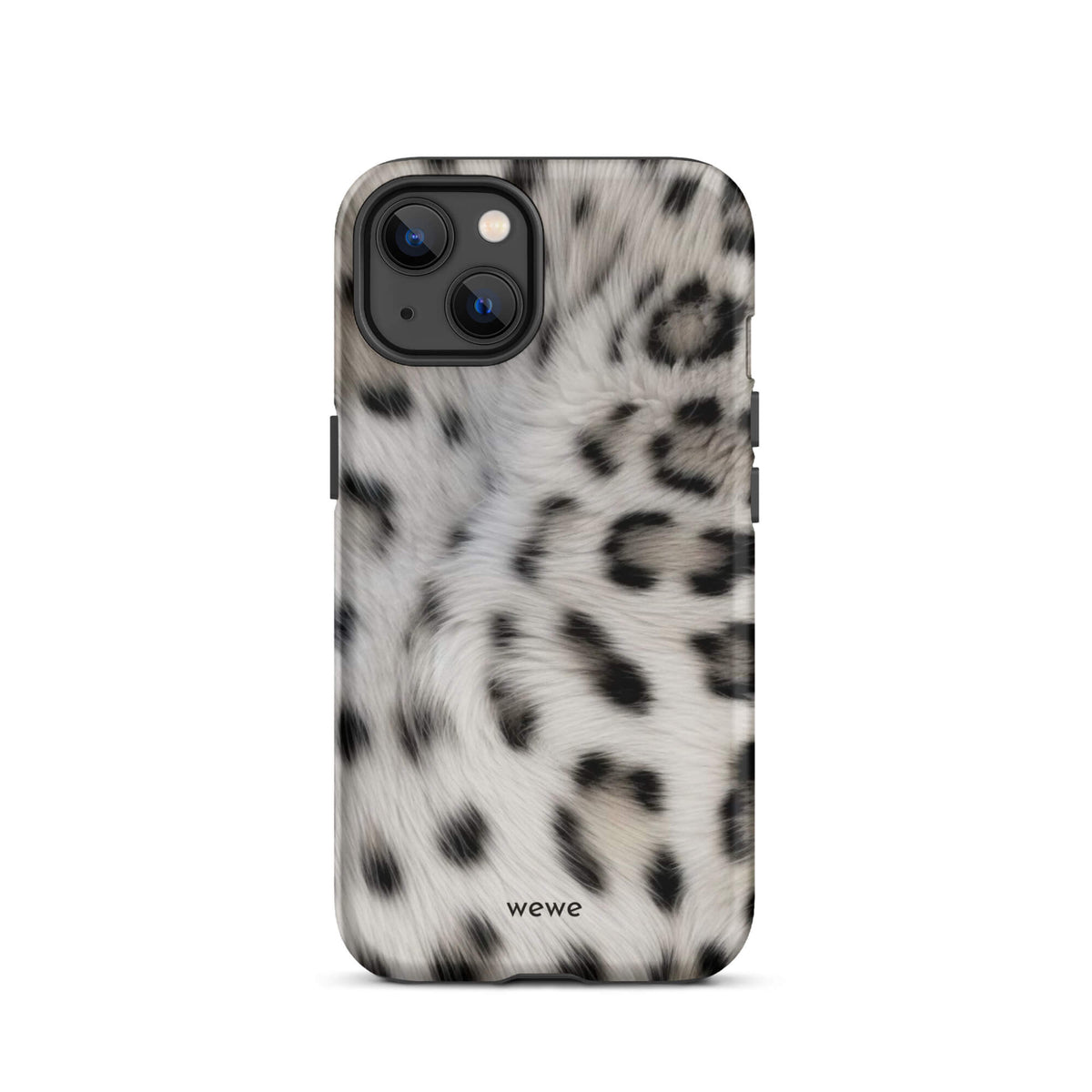 Soft-white iPhone case with black and charcoal snow-leopard spots in a flowing fur-effect pattern