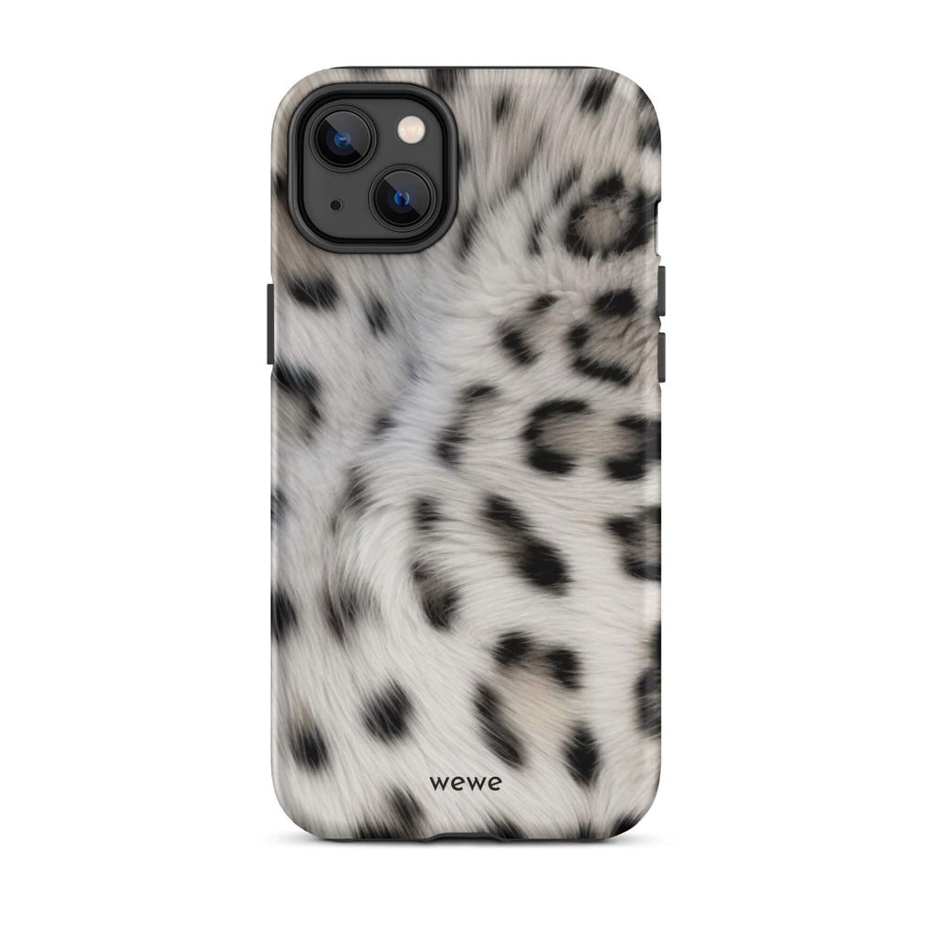 Soft-white iPhone case with black and charcoal snow-leopard spots in a flowing fur-effect pattern