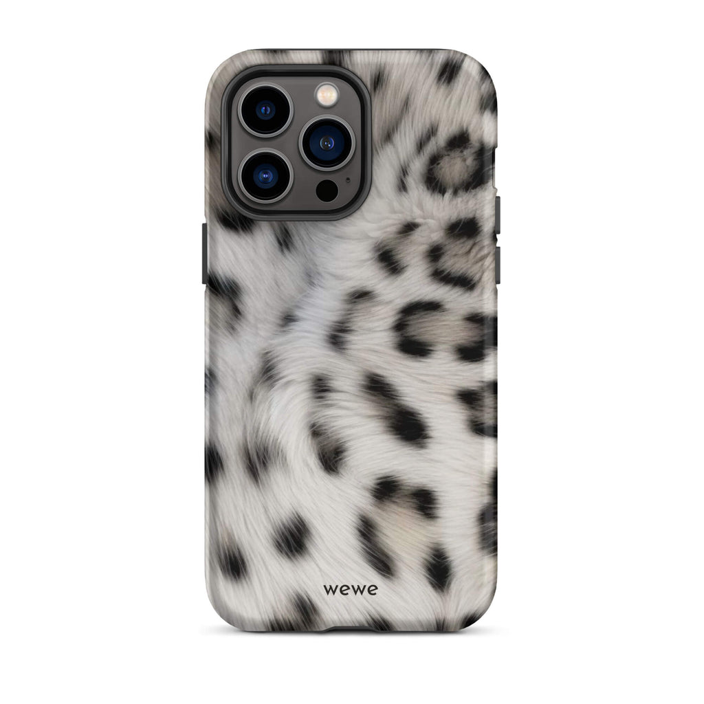 Soft-white iPhone case with black and charcoal snow-leopard spots in a flowing fur-effect pattern