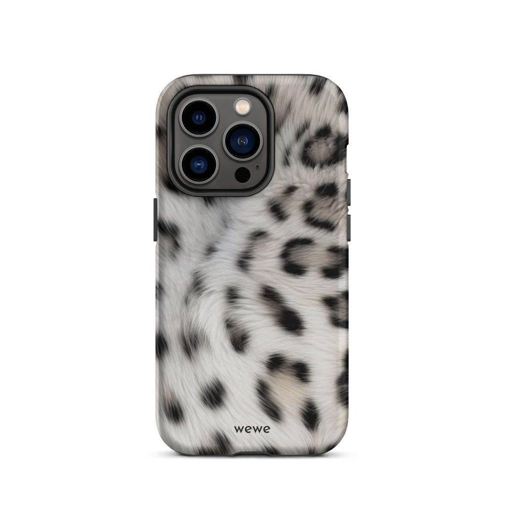 Soft-white iPhone case with black and charcoal snow-leopard spots in a flowing fur-effect pattern