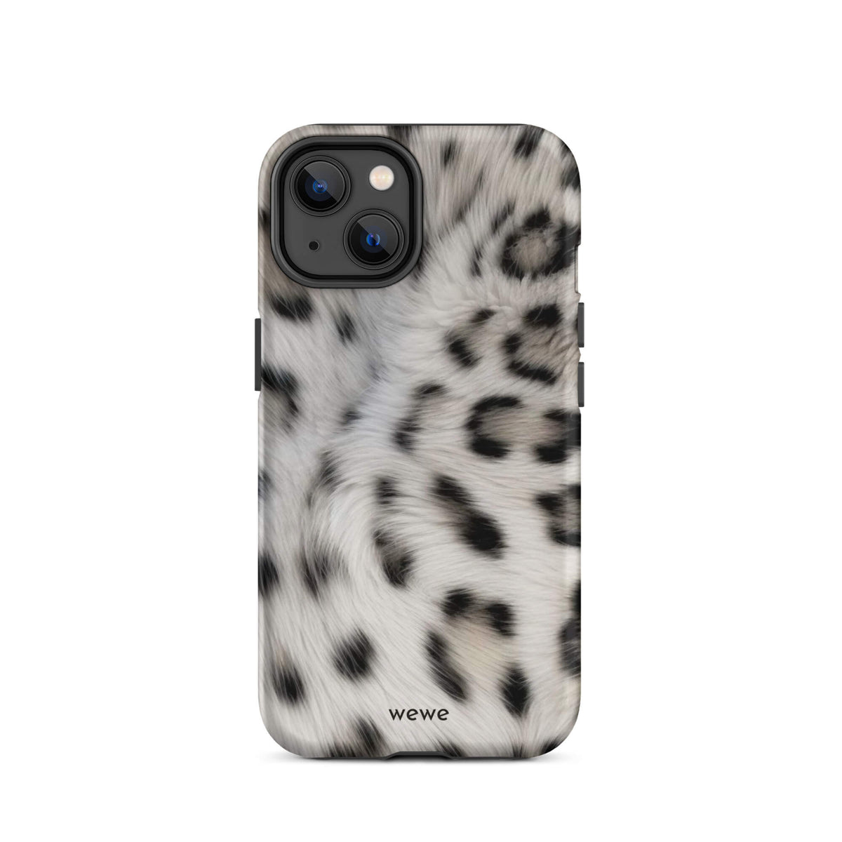 Soft-white iPhone case with black and charcoal snow-leopard spots in a flowing fur-effect pattern