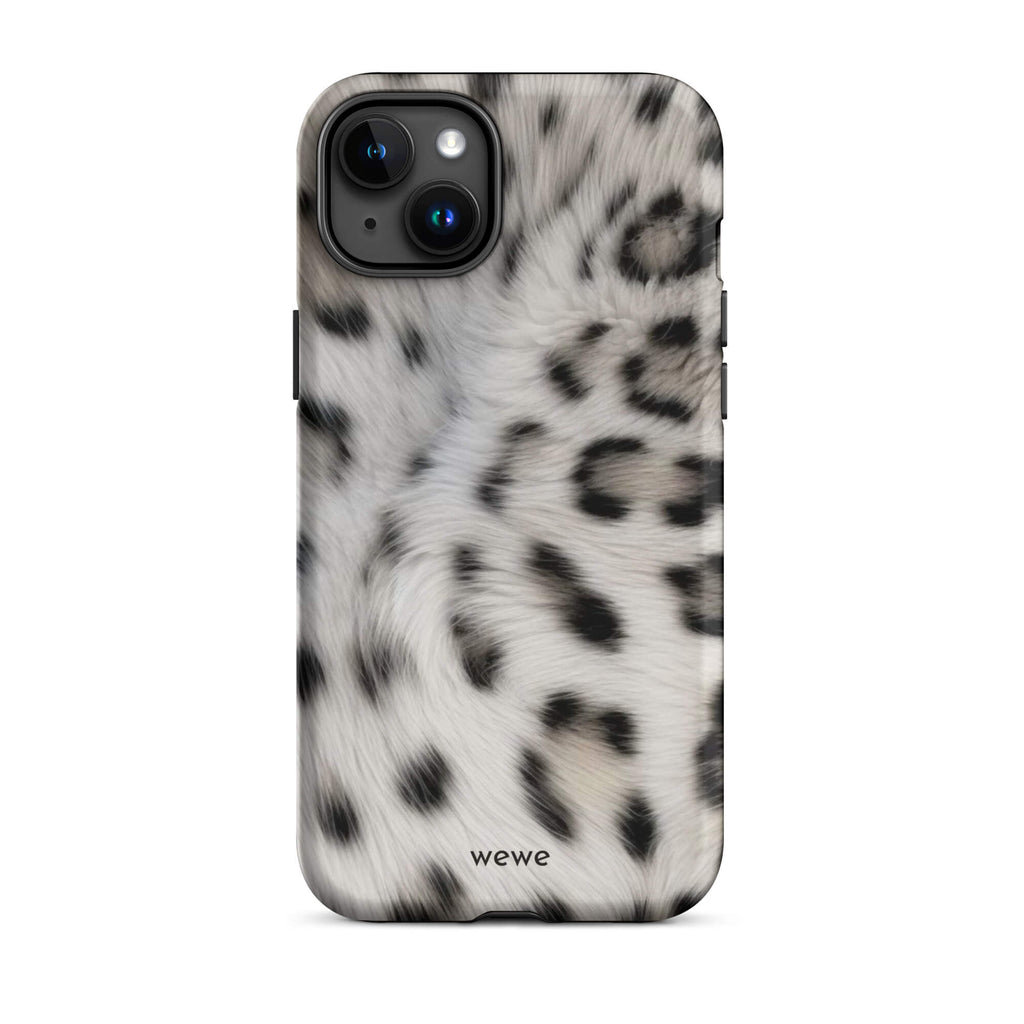 Soft-white iPhone case with black and charcoal snow-leopard spots in a flowing fur-effect pattern