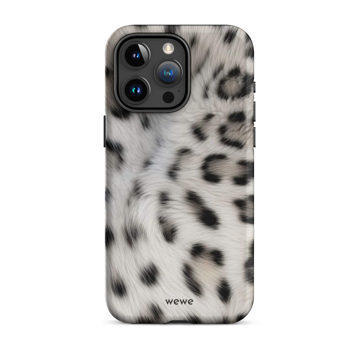 Soft-white iPhone case with black and charcoal snow-leopard spots in a flowing fur-effect pattern