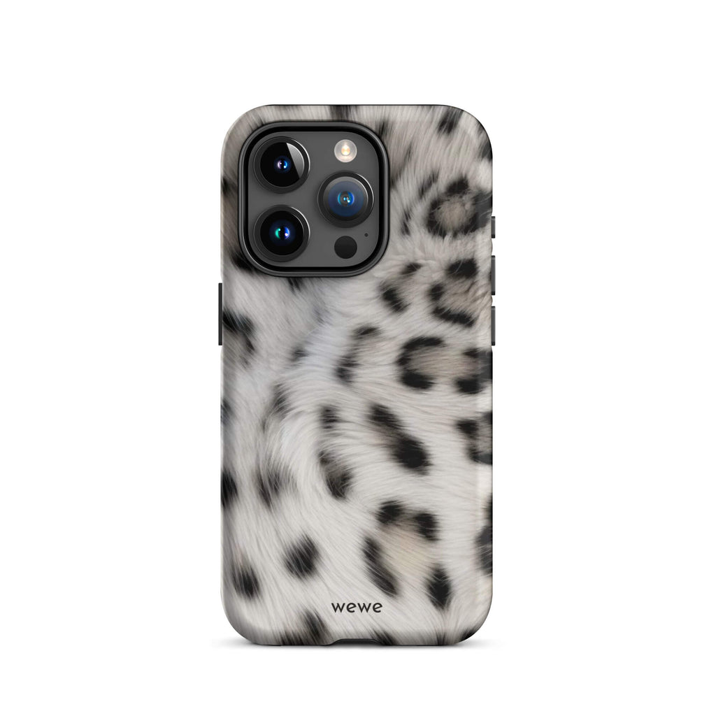 Soft-white iPhone case with black and charcoal snow-leopard spots in a flowing fur-effect pattern