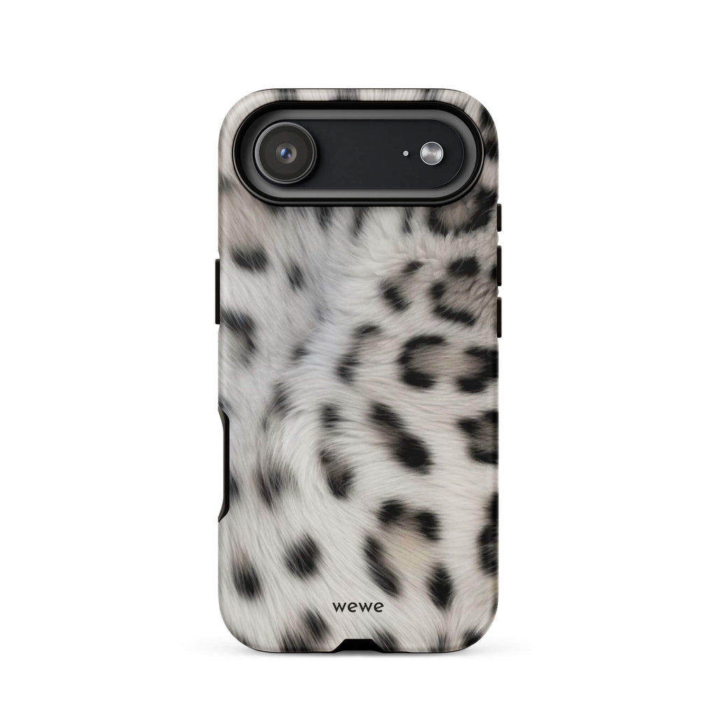 Soft-white iPhone case with black and charcoal snow-leopard spots in a flowing fur-effect pattern