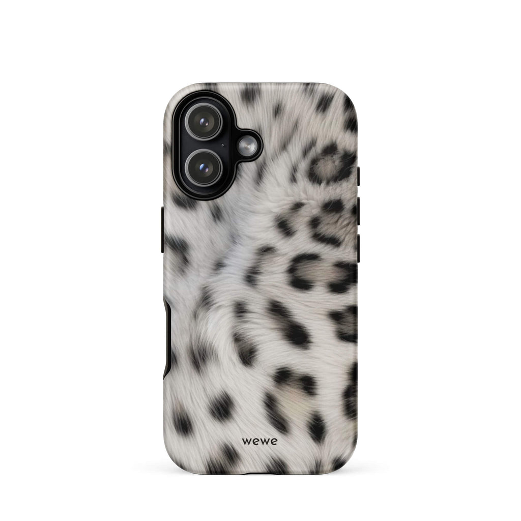 Soft-white iPhone case with black and charcoal snow-leopard spots in a flowing fur-effect pattern