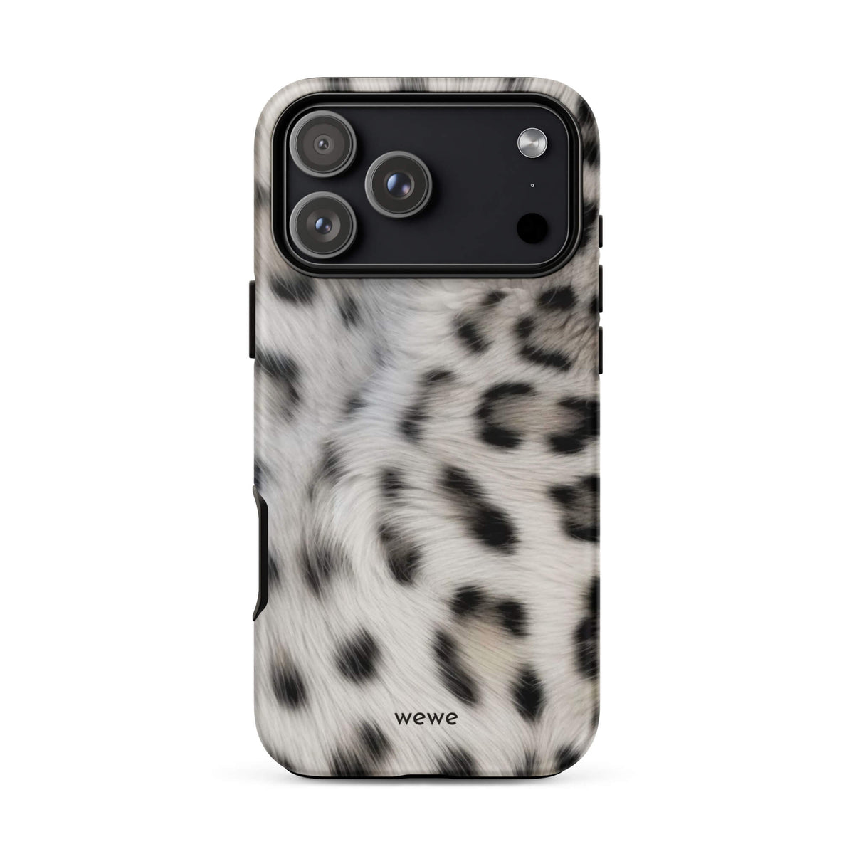 Soft-white iPhone case with black and charcoal snow-leopard spots in a flowing fur-effect pattern