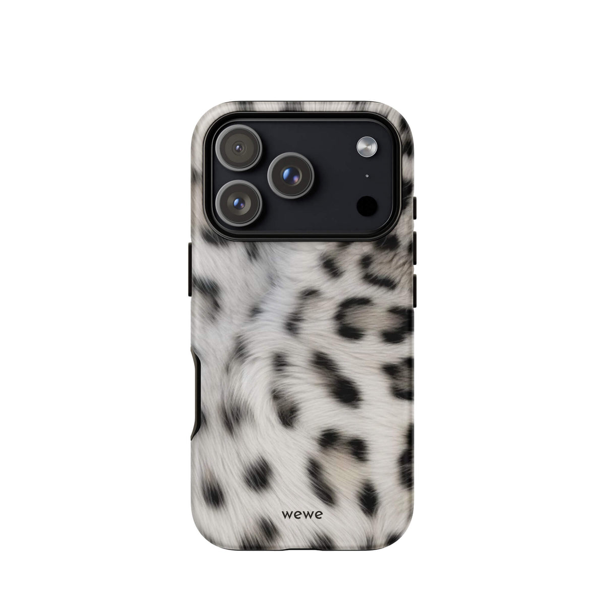 Soft-white iPhone case with black and charcoal snow-leopard spots in a flowing fur-effect pattern