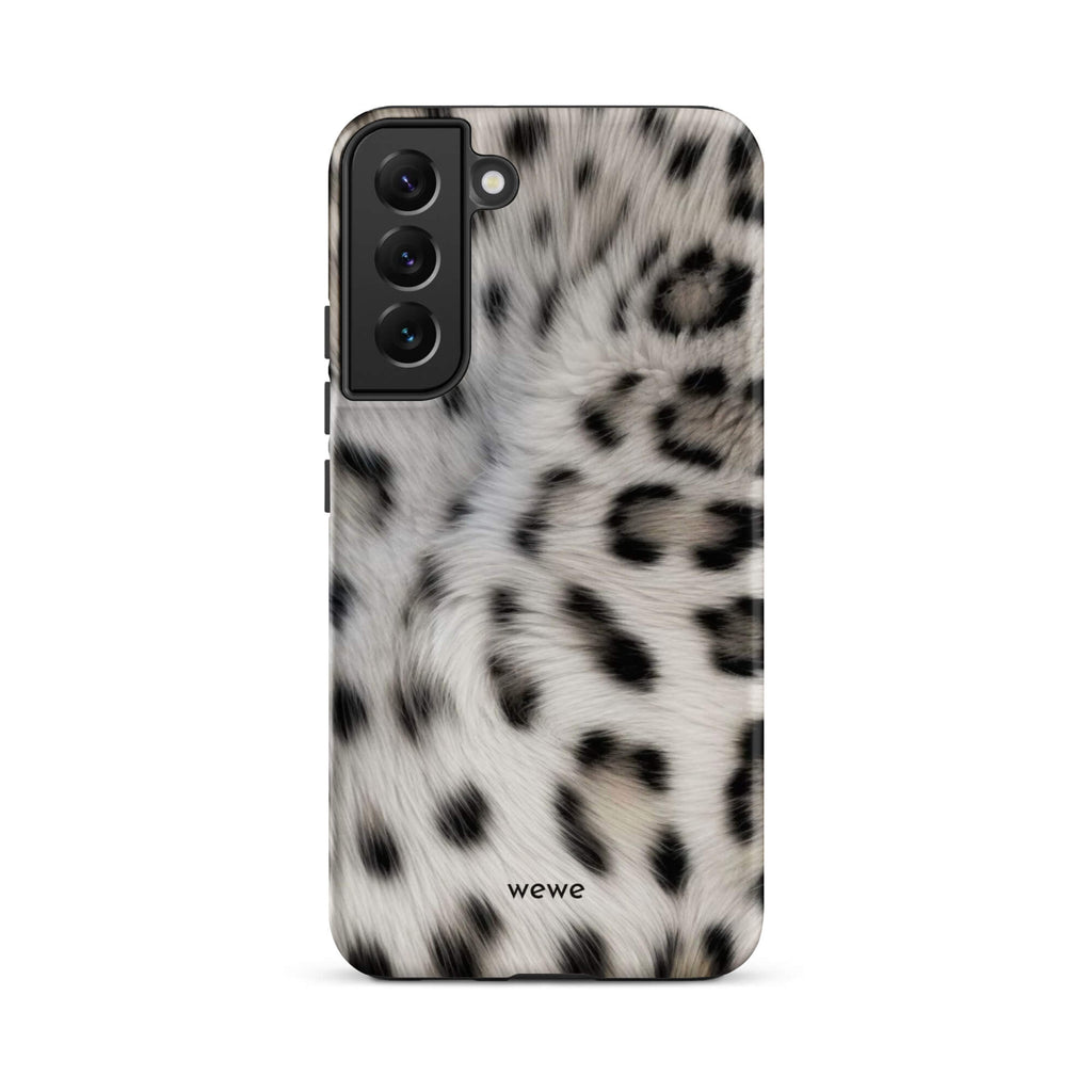 Soft-white iPhone case with black and charcoal snow-leopard spots in a flowing fur-effect pattern