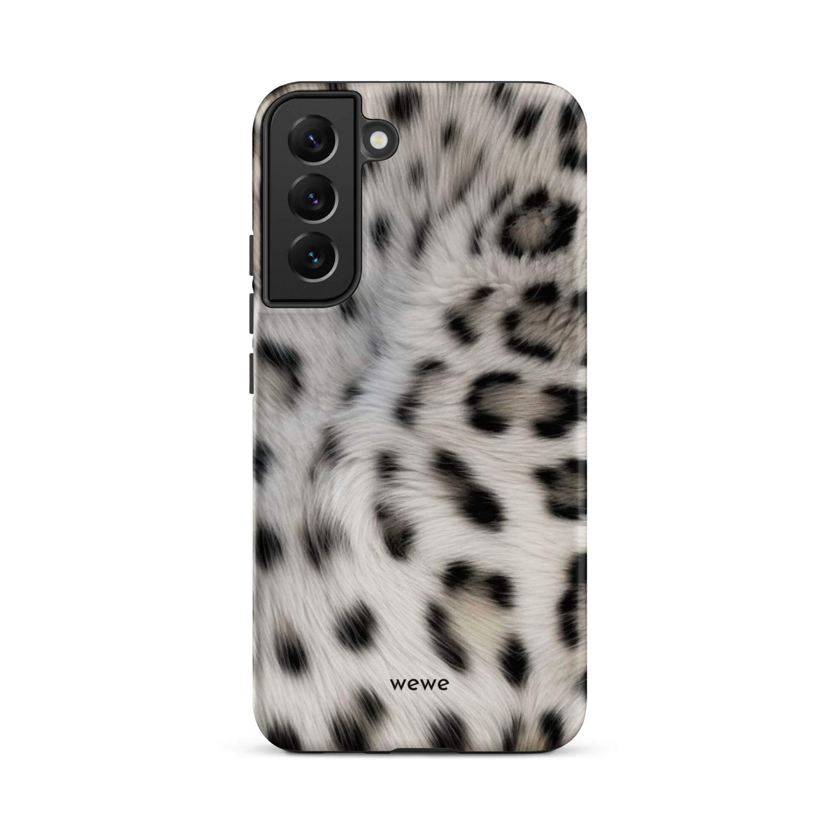 Soft-white iPhone case with black and charcoal snow-leopard spots in a flowing fur-effect pattern