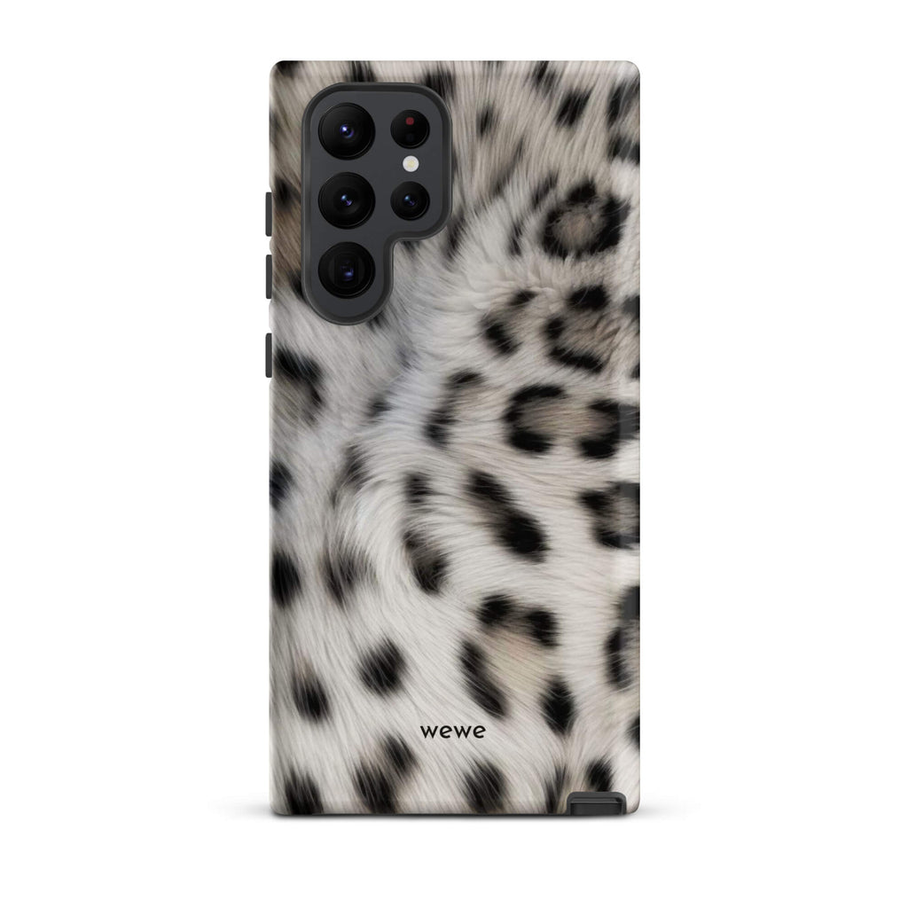 Soft-white iPhone case with black and charcoal snow-leopard spots in a flowing fur-effect pattern
