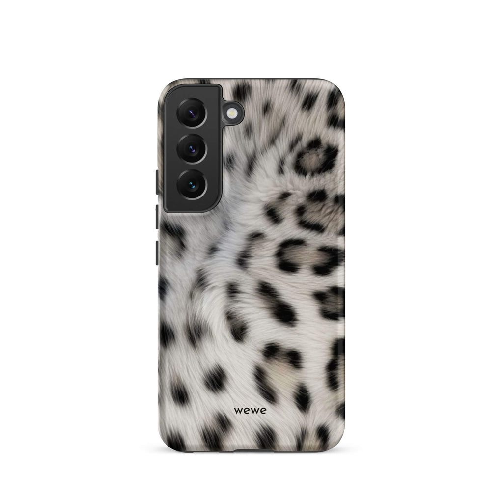 Soft-white iPhone case with black and charcoal snow-leopard spots in a flowing fur-effect pattern