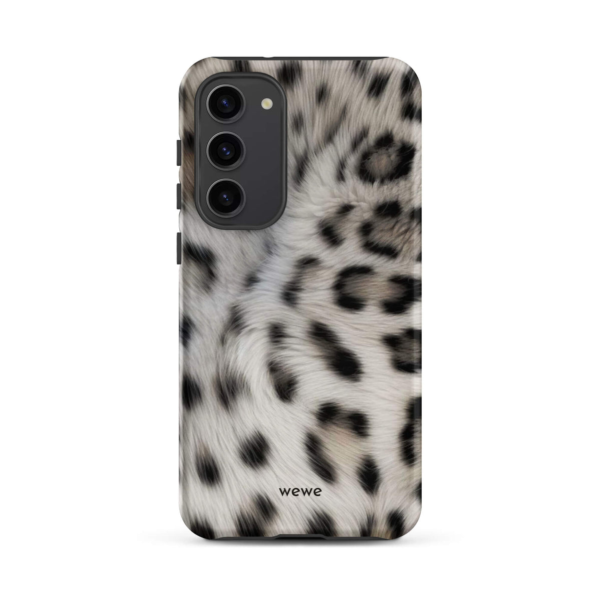 Soft-white iPhone case with black and charcoal snow-leopard spots in a flowing fur-effect pattern