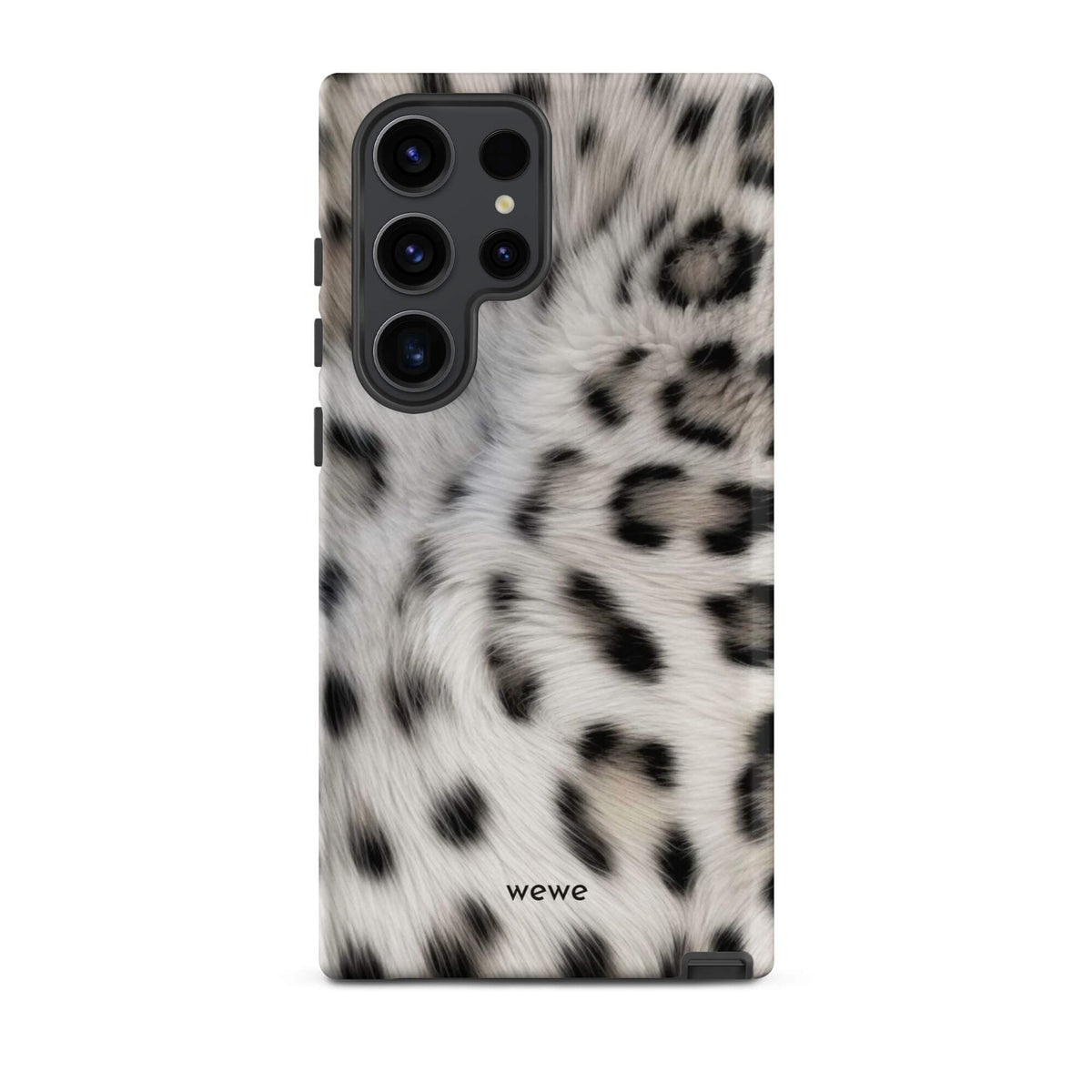 Soft-white iPhone case with black and charcoal snow-leopard spots in a flowing fur-effect pattern
