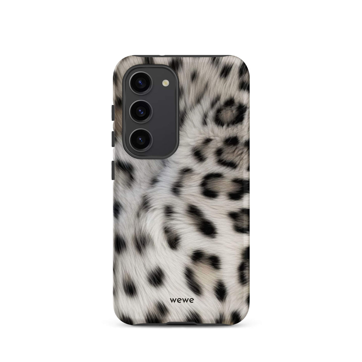 Soft-white iPhone case with black and charcoal snow-leopard spots in a flowing fur-effect pattern