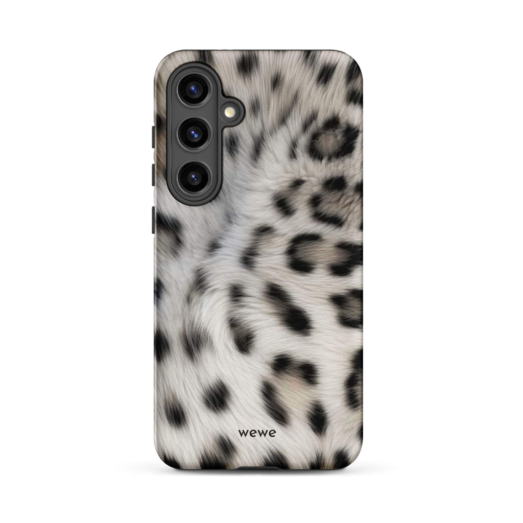 Soft-white iPhone case with black and charcoal snow-leopard spots in a flowing fur-effect pattern