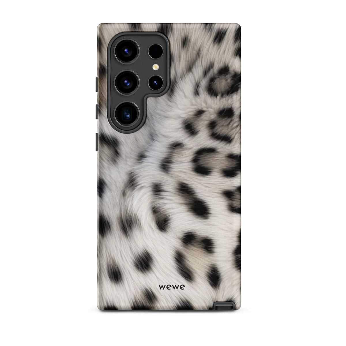 Soft-white iPhone case with black and charcoal snow-leopard spots in a flowing fur-effect pattern