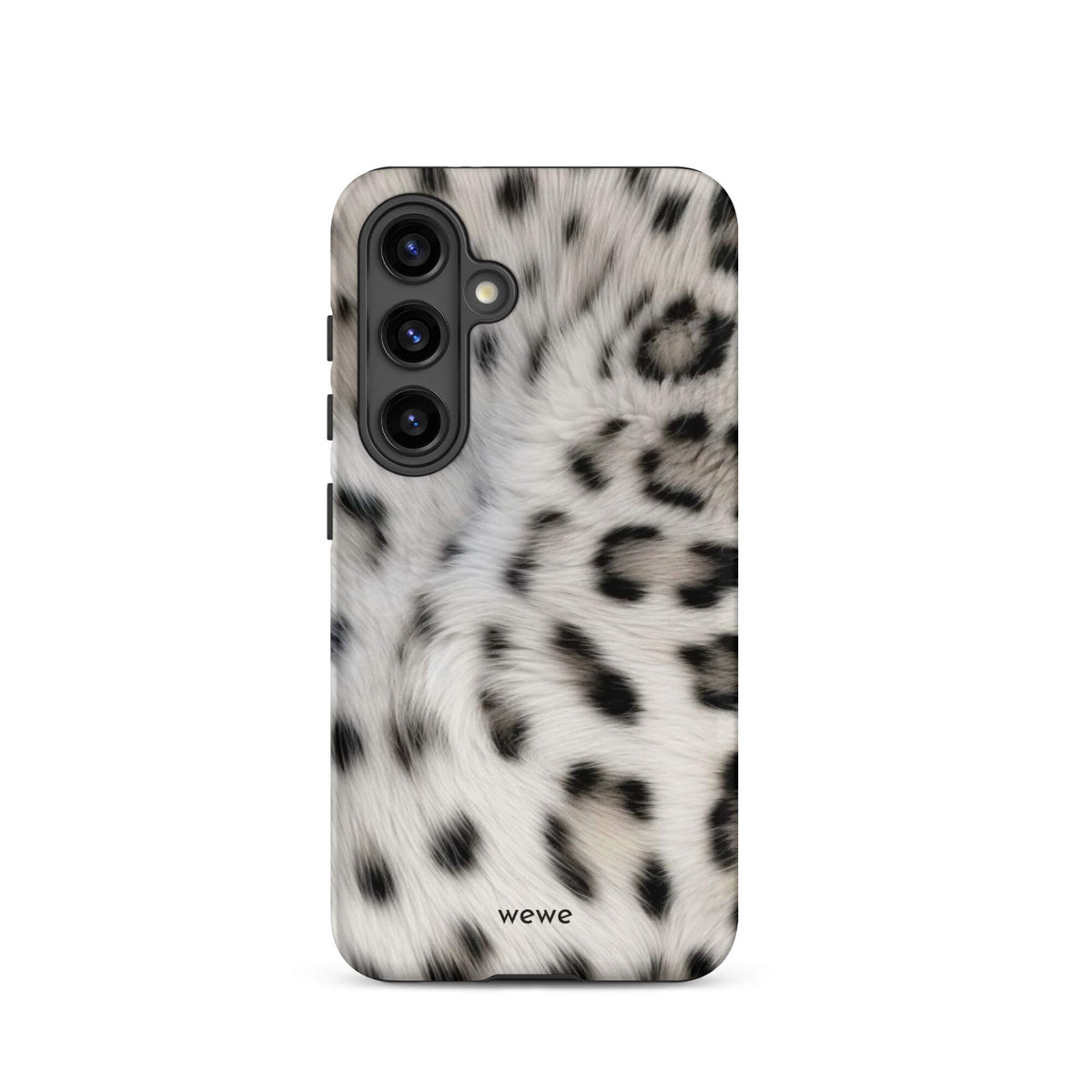 Soft-white iPhone case with black and charcoal snow-leopard spots in a flowing fur-effect pattern