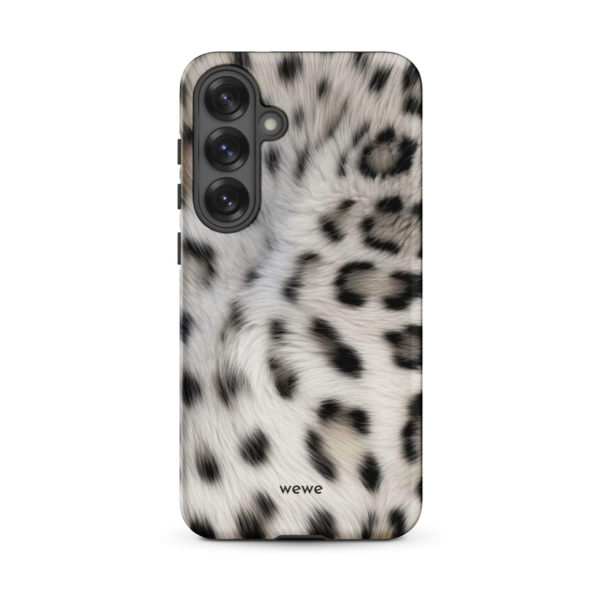 Soft-white iPhone case with black and charcoal snow-leopard spots in a flowing fur-effect pattern