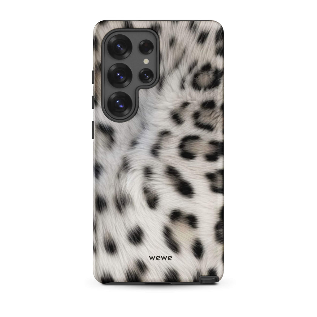 Soft-white iPhone case with black and charcoal snow-leopard spots in a flowing fur-effect pattern