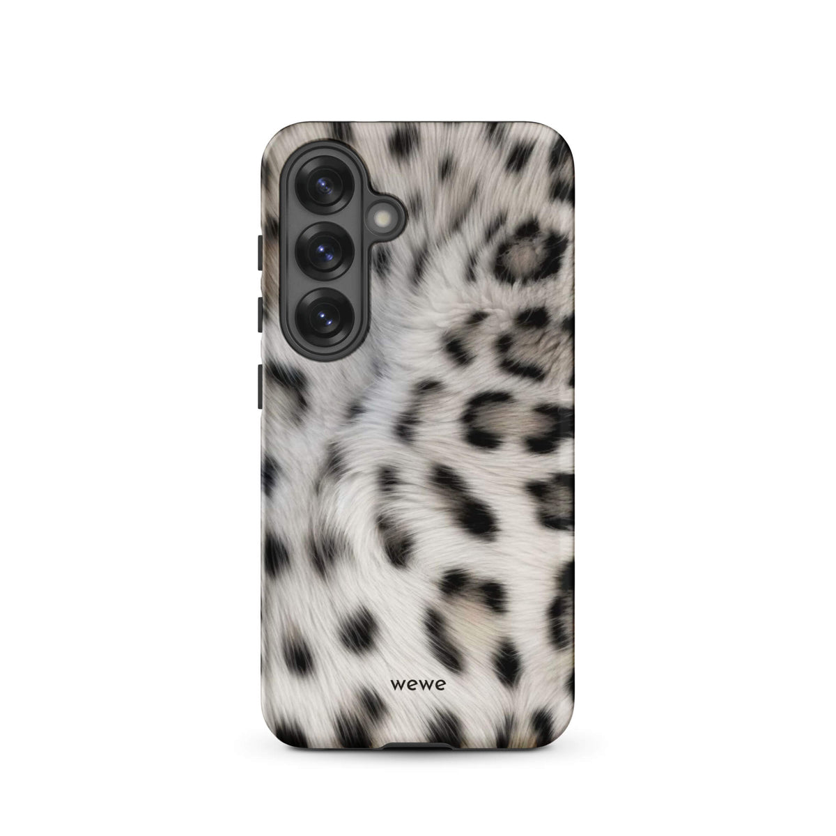 Soft-white iPhone case with black and charcoal snow-leopard spots in a flowing fur-effect pattern