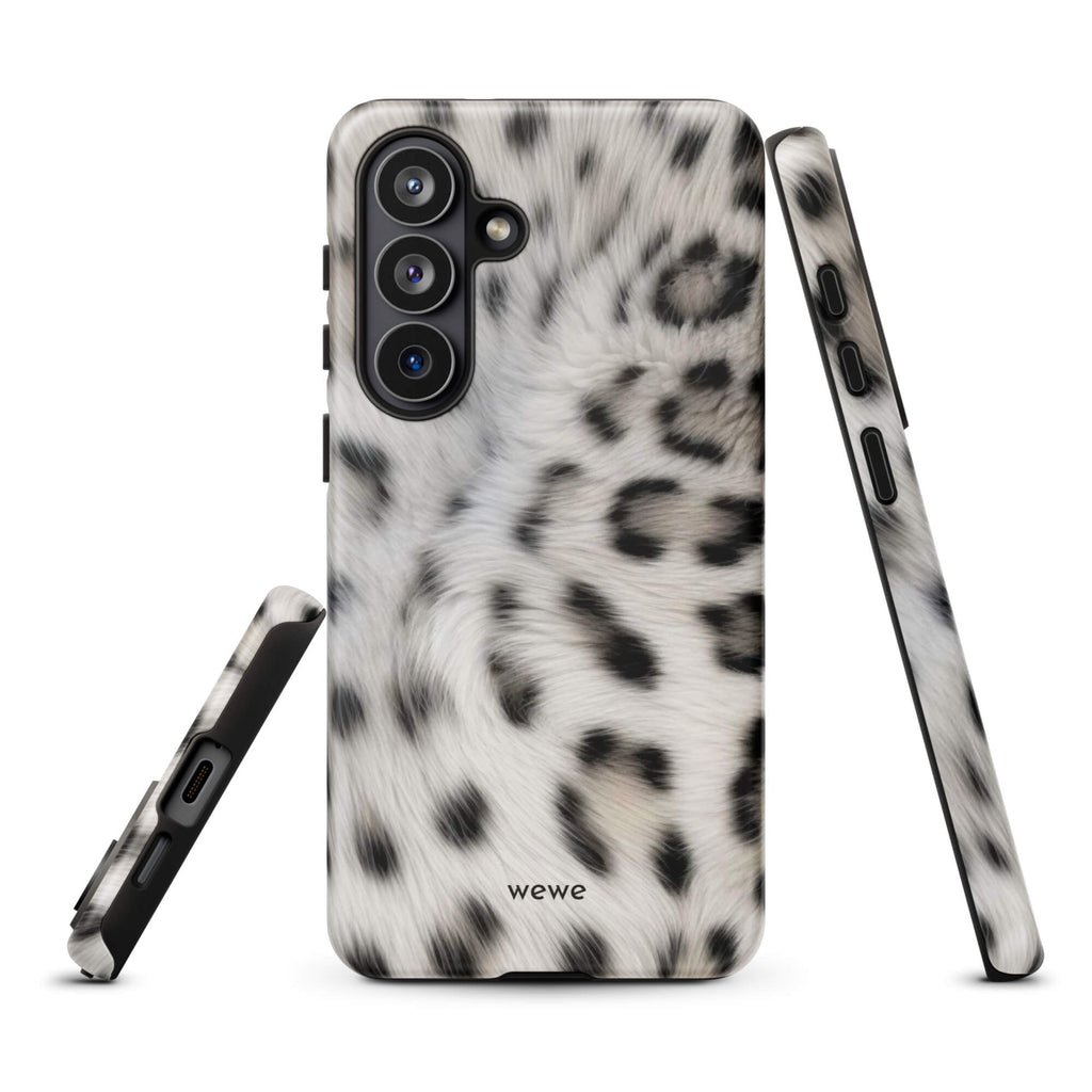 Soft-white iPhone case with black and charcoal snow-leopard spots in a flowing fur-effect pattern