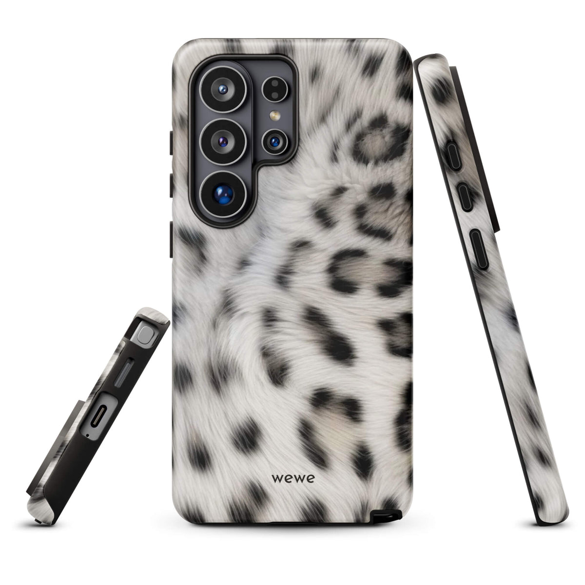 Soft-white iPhone case with black and charcoal snow-leopard spots in a flowing fur-effect pattern