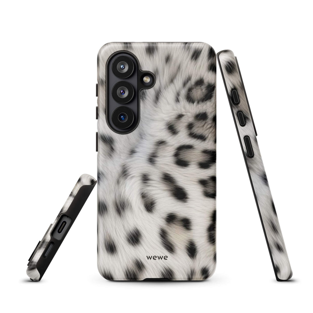 Soft-white iPhone case with black and charcoal snow-leopard spots in a flowing fur-effect pattern