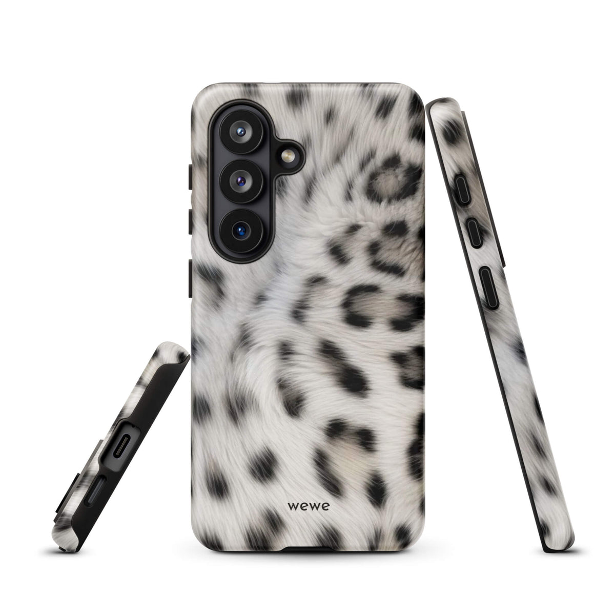 Soft-white iPhone case with black and charcoal snow-leopard spots in a flowing fur-effect pattern