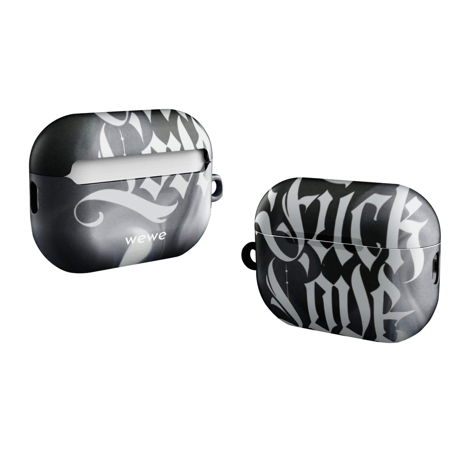 Custom AirPods case pro gen2 with a black and gray smoke-like background and "Fake Love" written in white gothic script.