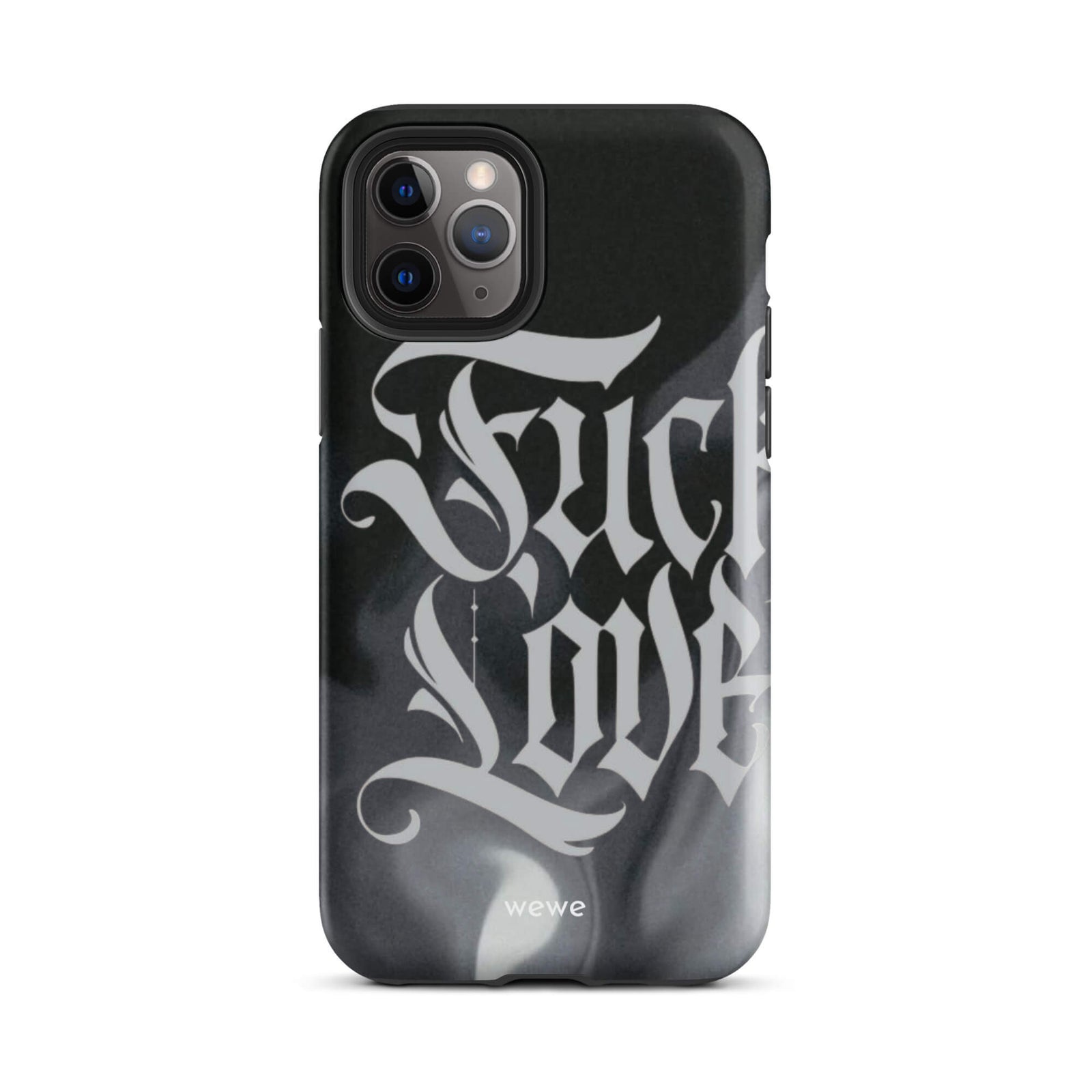 Custom iPhone case 11 pro with a black and gray smoke-like background and "Fake Love" written in white gothic script.