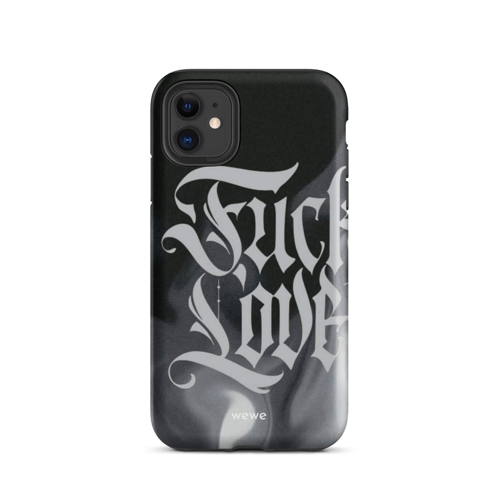 Custom iPhone case 11 with a black and gray smoke-like background and "Fake Love" written in white gothic script.