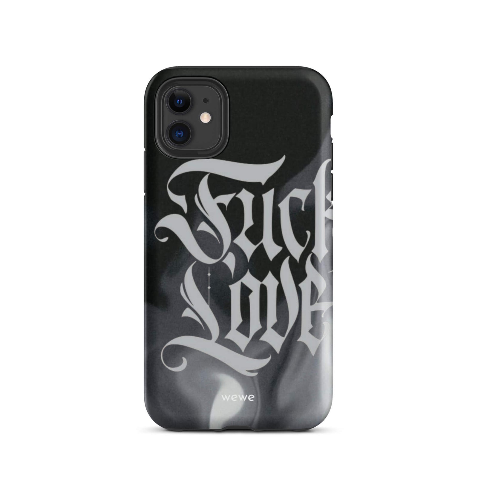 Custom iPhone case 11 with a black and gray smoke-like background and "Fake Love" written in white gothic script.