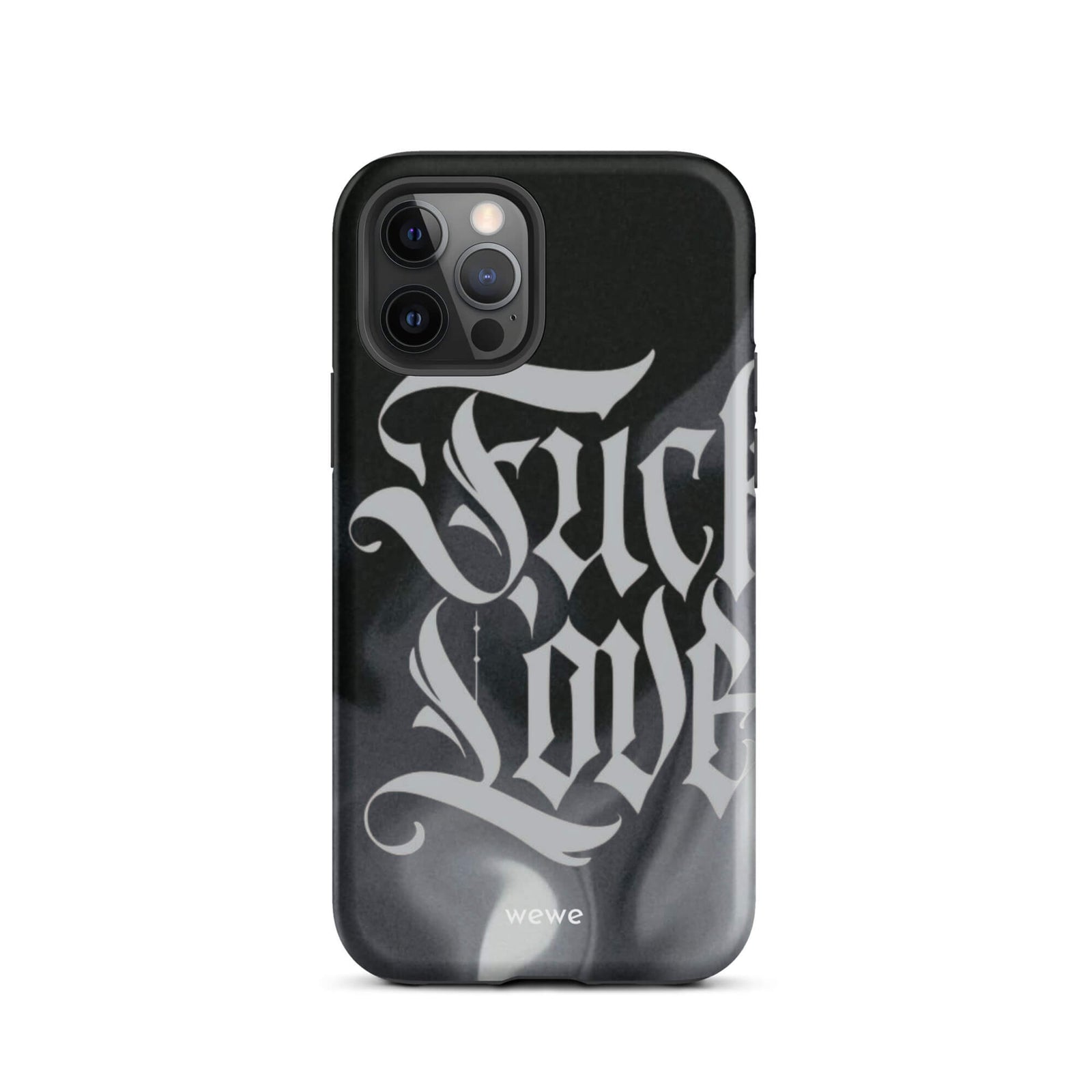 Custom iPhone case 12 pro with a black and gray smoke-like background and "Fake Love" written in white gothic script.