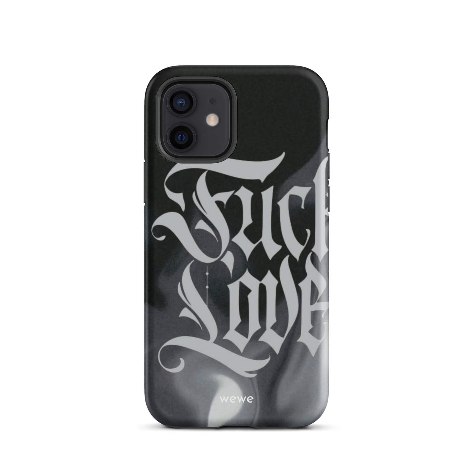 Custom iPhone case 12 with a black and gray smoke-like background and "Fake Love" written in white gothic script.