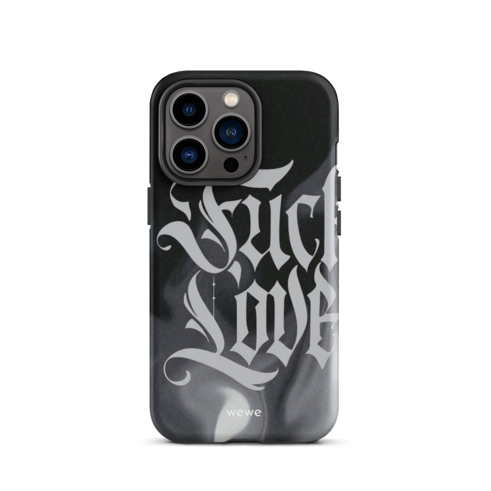 Custom iPhone case 13 pro with a black and gray smoke-like background and "Fake Love" written in white gothic script.