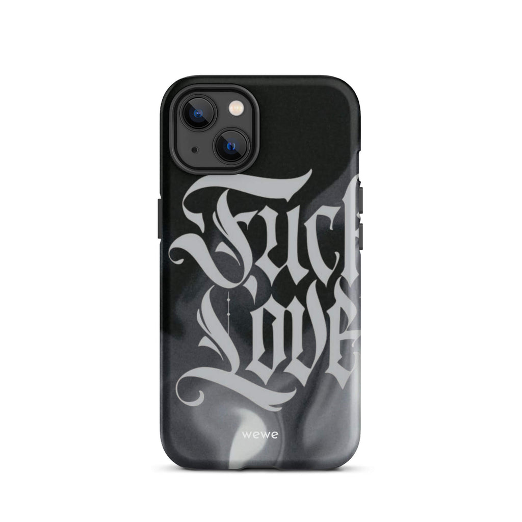 Custom iPhone case 13 with a black and gray smoke-like background and "Fake Love" written in white gothic script.