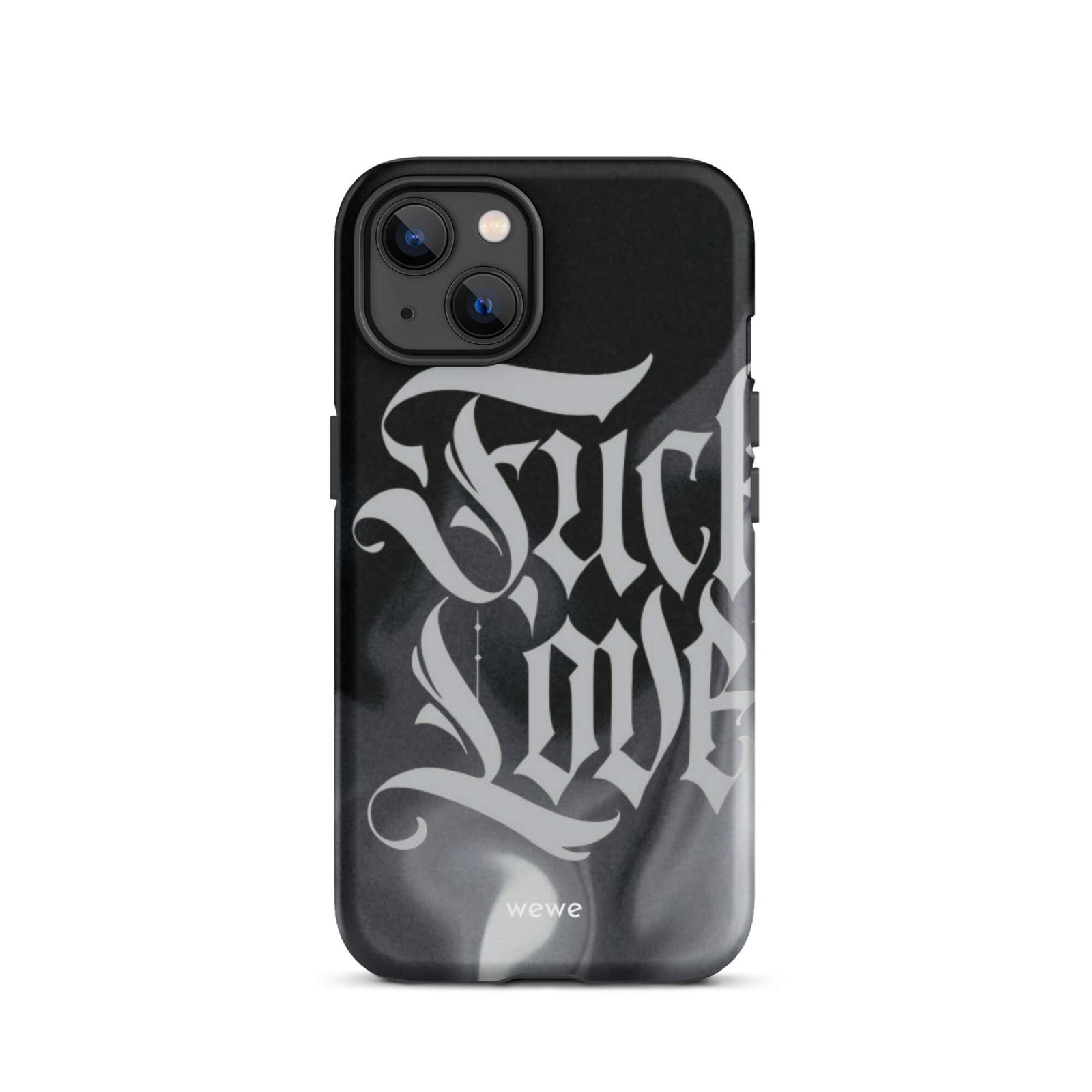 Custom iPhone case 13 with a black and gray smoke-like background and "Fake Love" written in white gothic script.