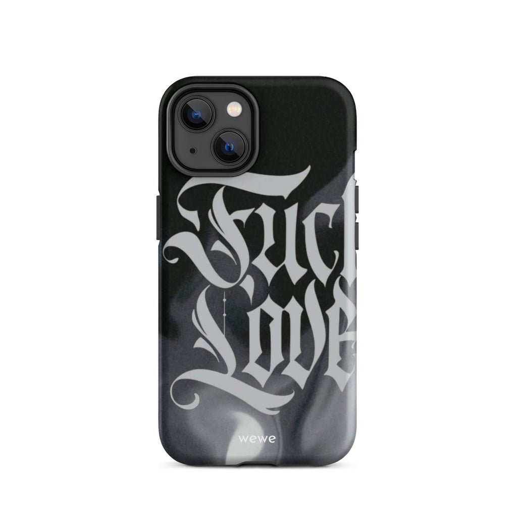 Custom iPhone case 14 with a black and gray smoke-like background and "Fake Love" written in white gothic script.