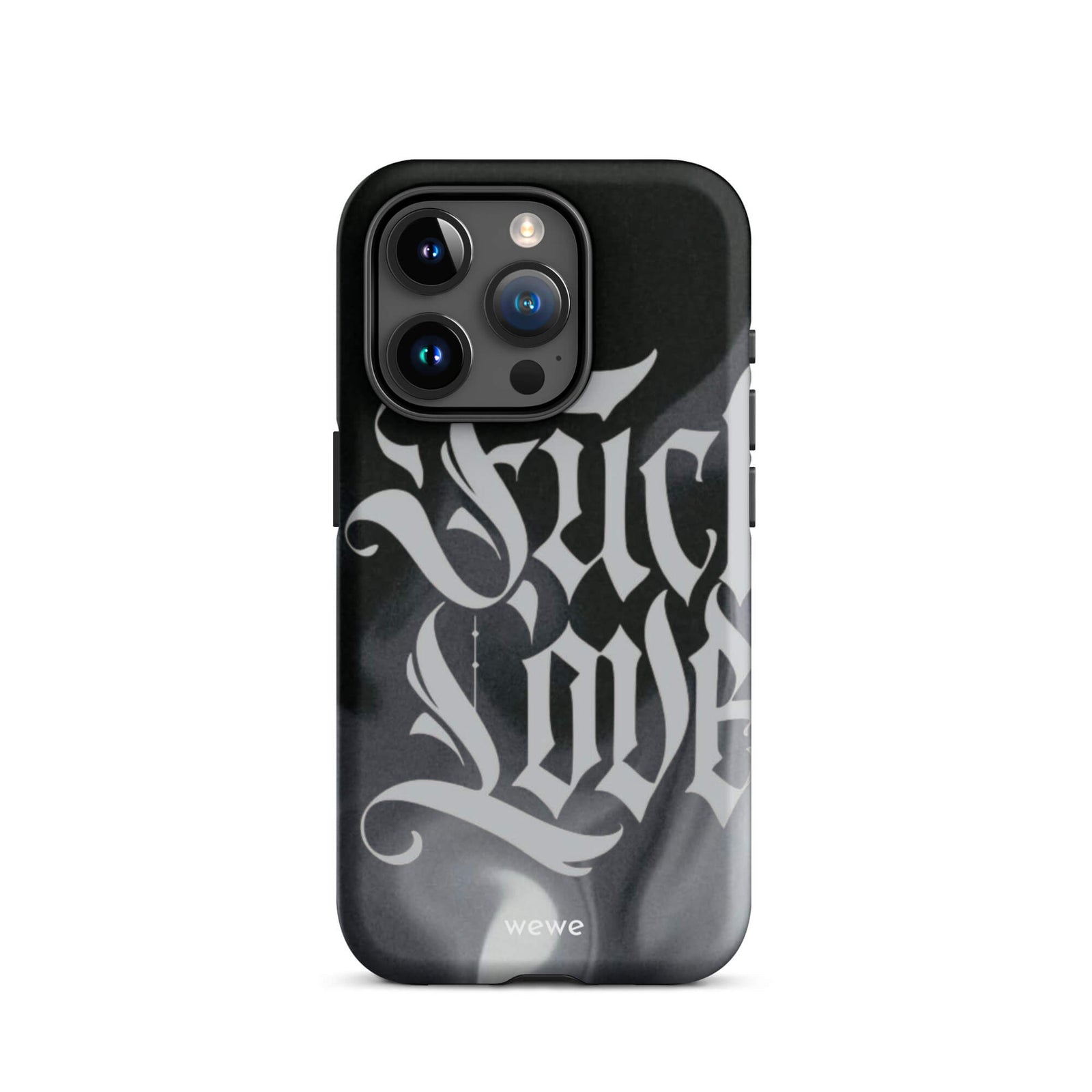 Custom iPhone case 15 pro with a black and gray smoke-like background and "Fake Love" written in white gothic script.