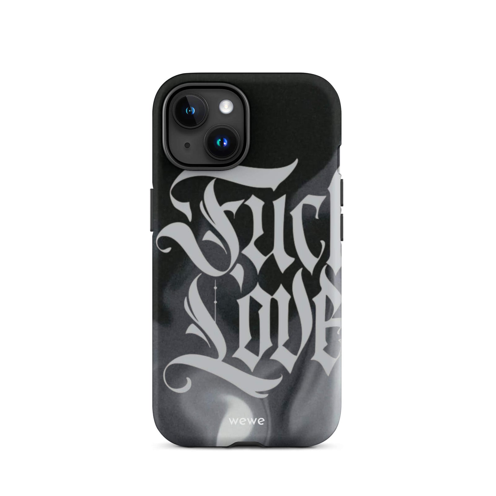 Custom iPhone case 15 with a black and gray smoke-like background and "Fake Love" written in white gothic script.