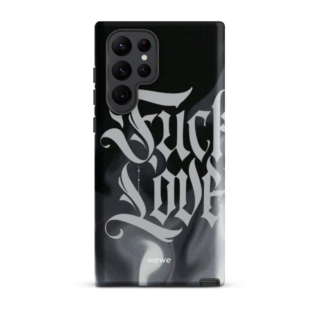 Custom samsung galaxy s22 ultra  Phone case with a black and gray smoke-like background and "Fake Love" written in white gothic script.