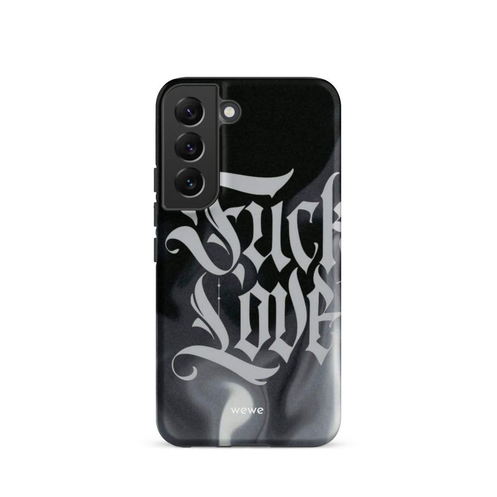 Custom samsung galaxy s22 Phone case with a black and gray smoke-like background and "Fake Love" written in white gothic script.