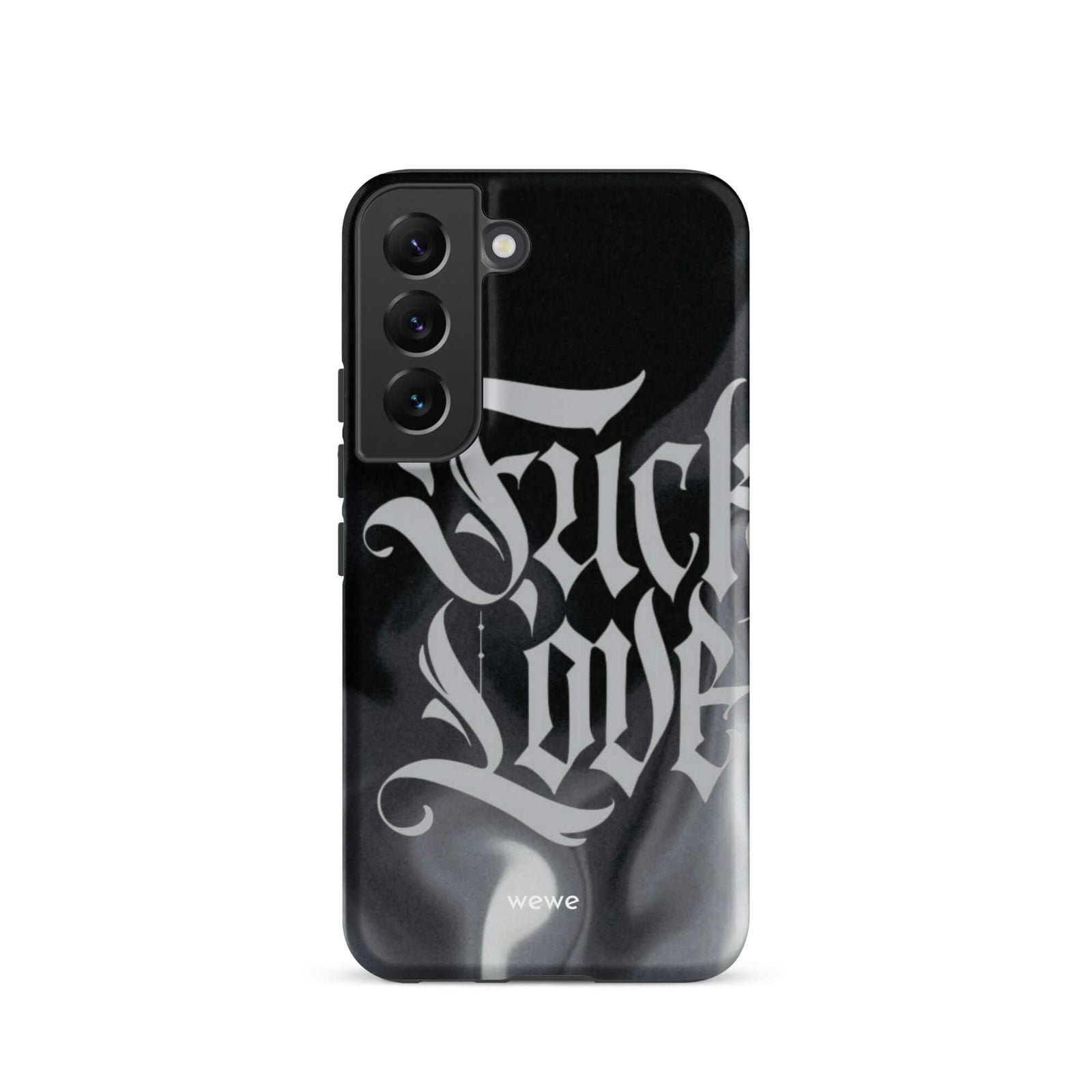 Custom samsung galaxy s22 Phone case with a black and gray smoke-like background and "Fake Love" written in white gothic script.